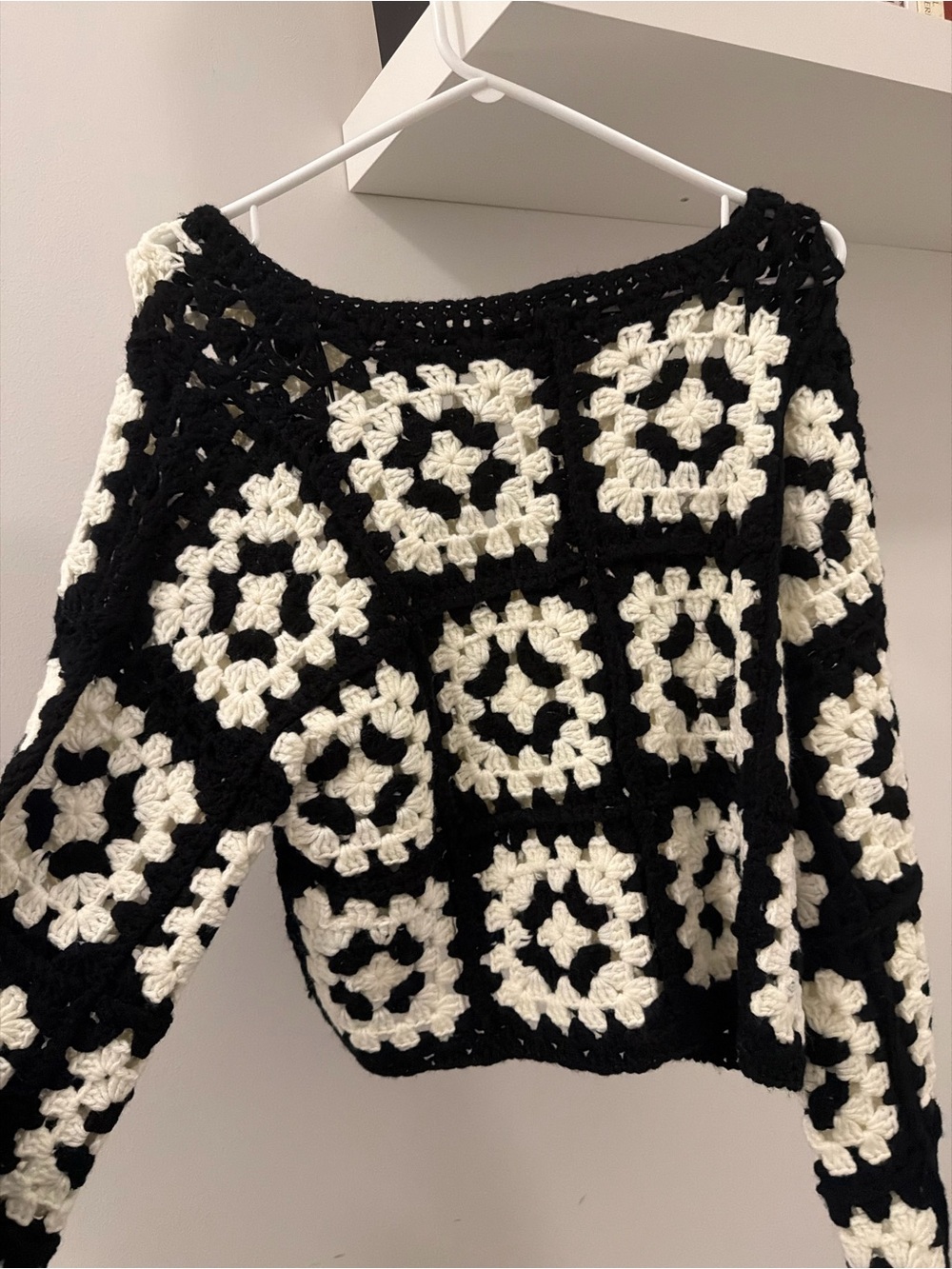Black & White Crochet Square-Pattern Women’s Sweater - Size S/M